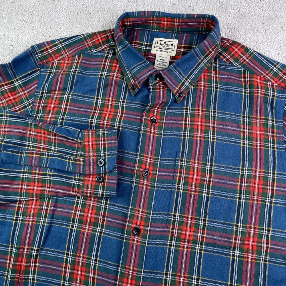 LL Bean Shirt Mens Medium Blue Tartan Plaid Flannel Traditional Fit Outdoor Gorp